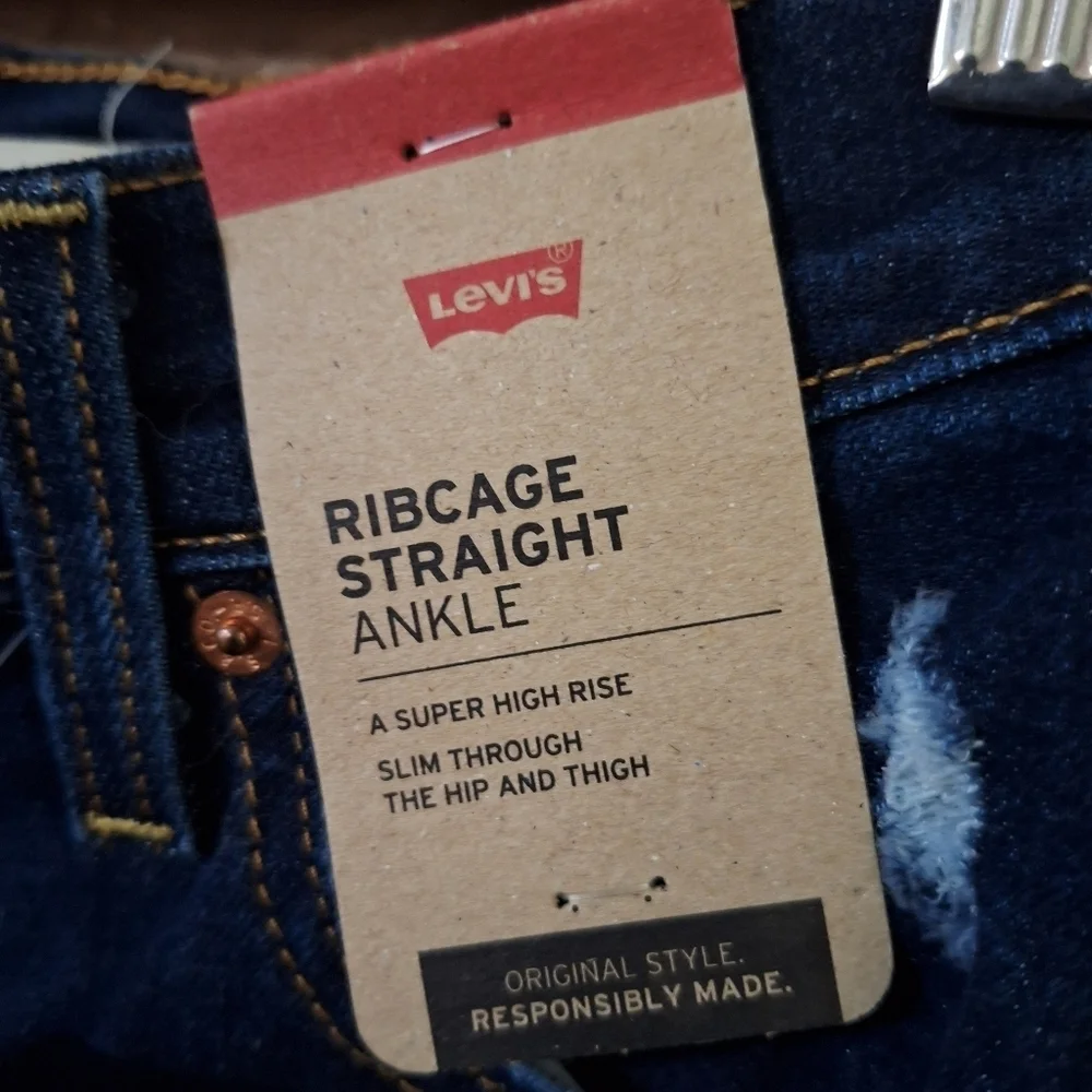 Levis Ribcage Straight Ankle Distressed Dark Wash Jeans SZ 24